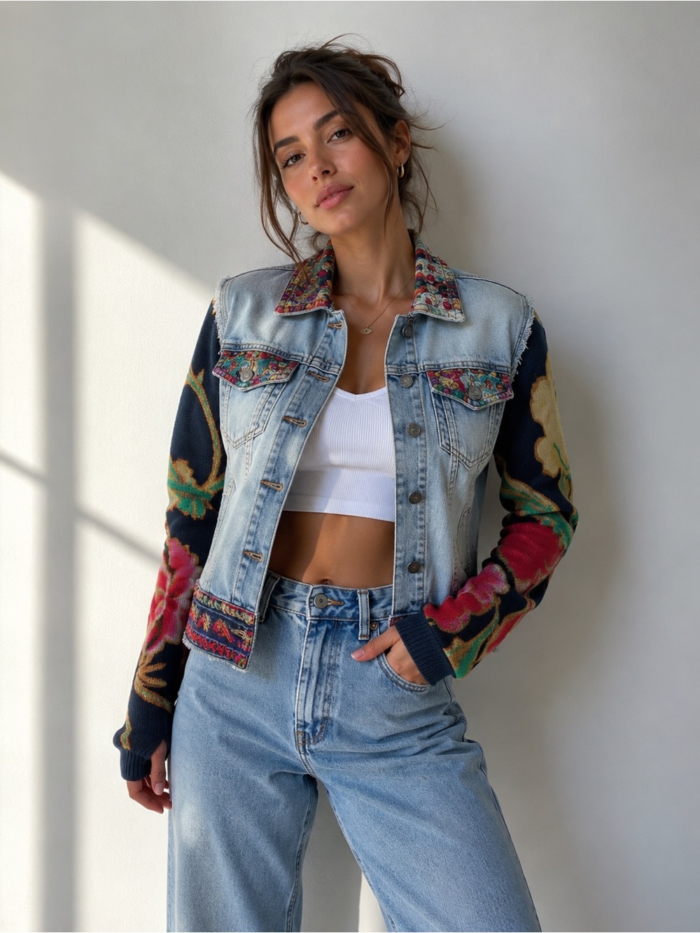 Desigual Light Blue Denim Jacket with Multicolor Embroidered Accents